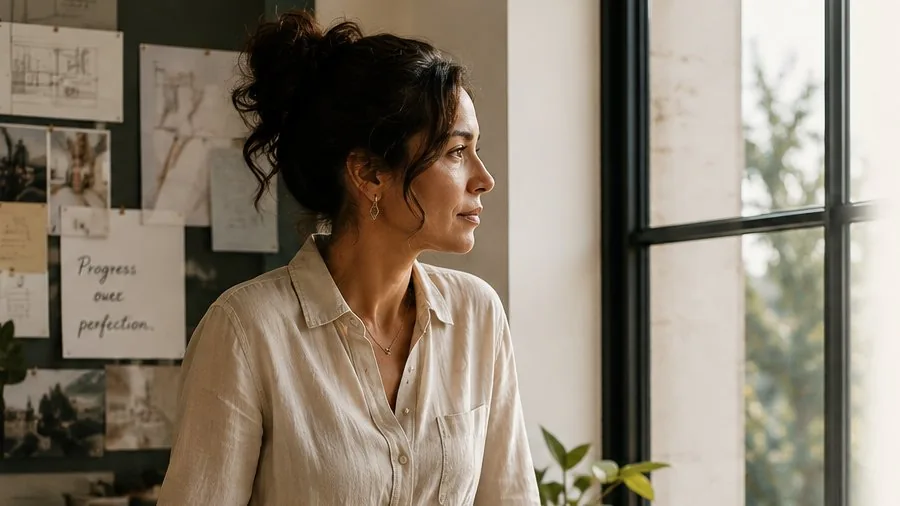 A woman entrepreneur pausing at her desk by the window, with architectural sketches and notes pinned on the wall behind her.