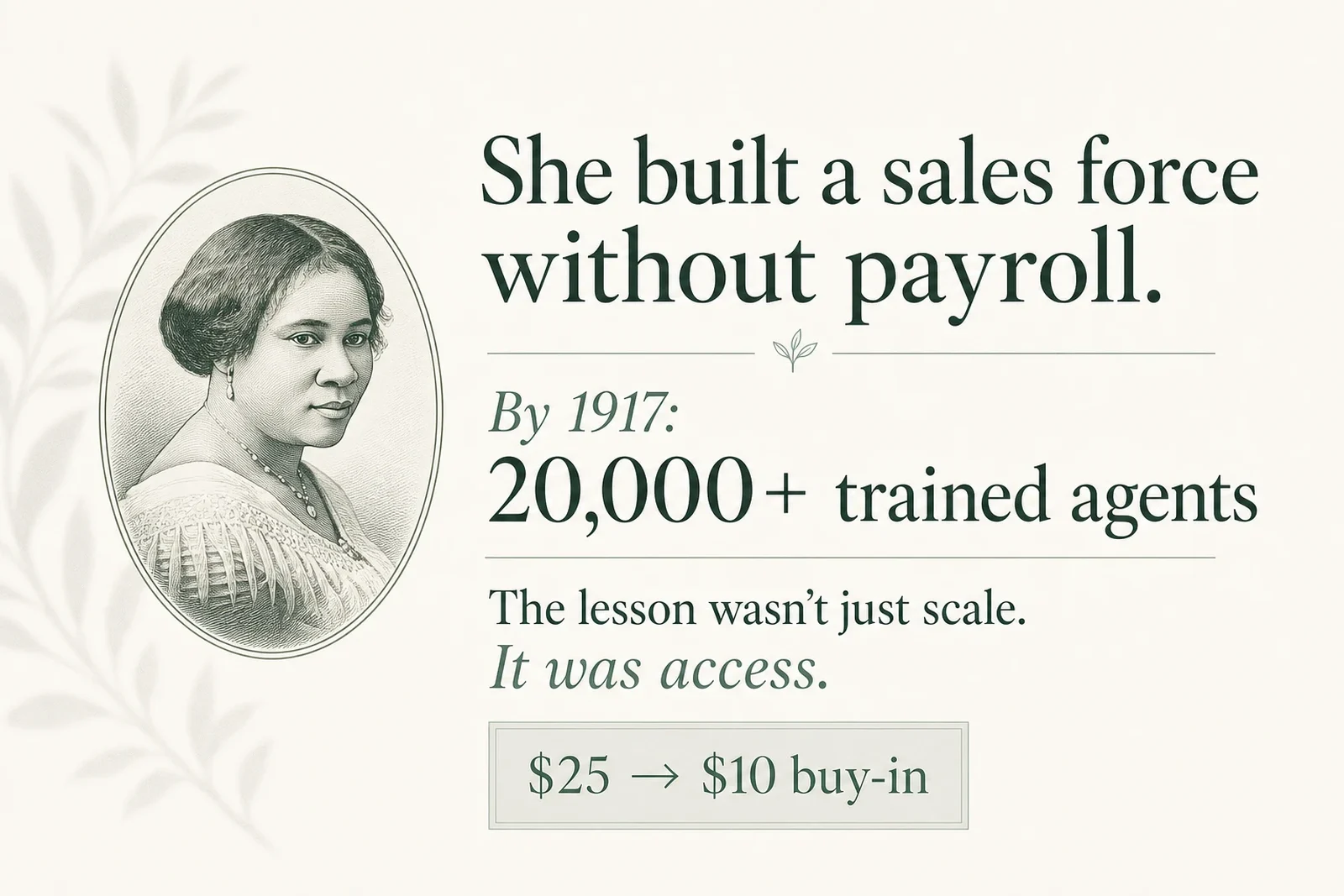 Quinta & Co. title card with an engraved oval portrait of Madam C.J. Walker: 'She built a sales force without payroll. By 1917: 20,000+ trained agents. The lesson wasn't just scale. It was access. $25 to $10 buy-in.'