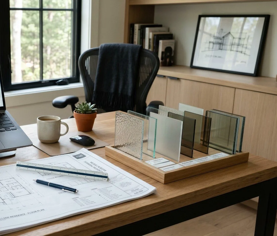 A home-office desk with architectural blueprints, a laptop, coffee, and a rack of glass samples — running a construction business solo.