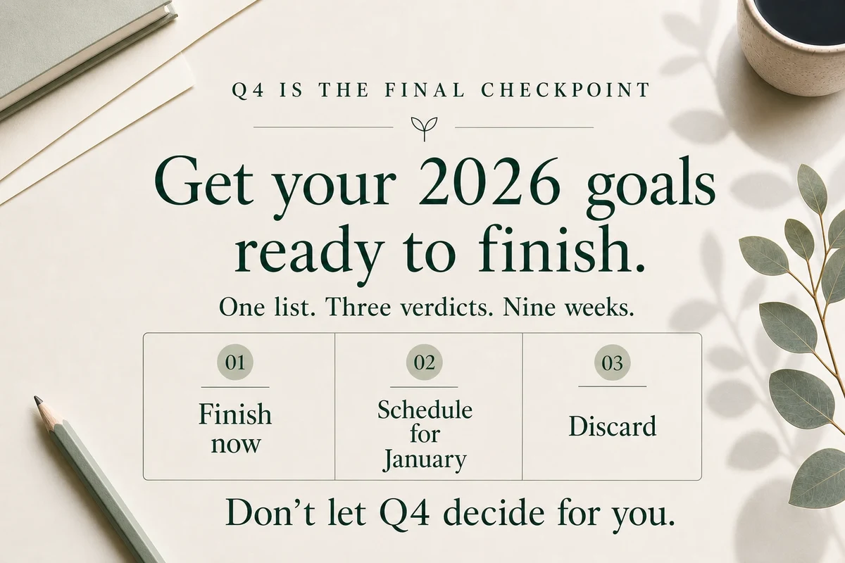 Quinta & Co. blog title card on a cream desk with a notebook, pencil, coffee cup and eucalyptus: 'Q4 is the final checkpoint. Get your 2026 goals ready to finish. One list. Three verdicts. Nine weeks.' Three boxes read 01 Finish now, 02 Schedule for January, 03 Discard. Beneath: 'Don't let Q4 decide for you.'