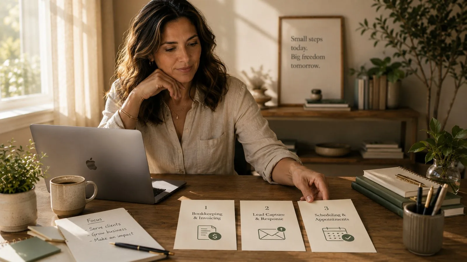 A woman at her home-office desk reviewing three cards labeled Bookkeeping & Invoicing, Lead Capture & Response, and Scheduling & Appointments.