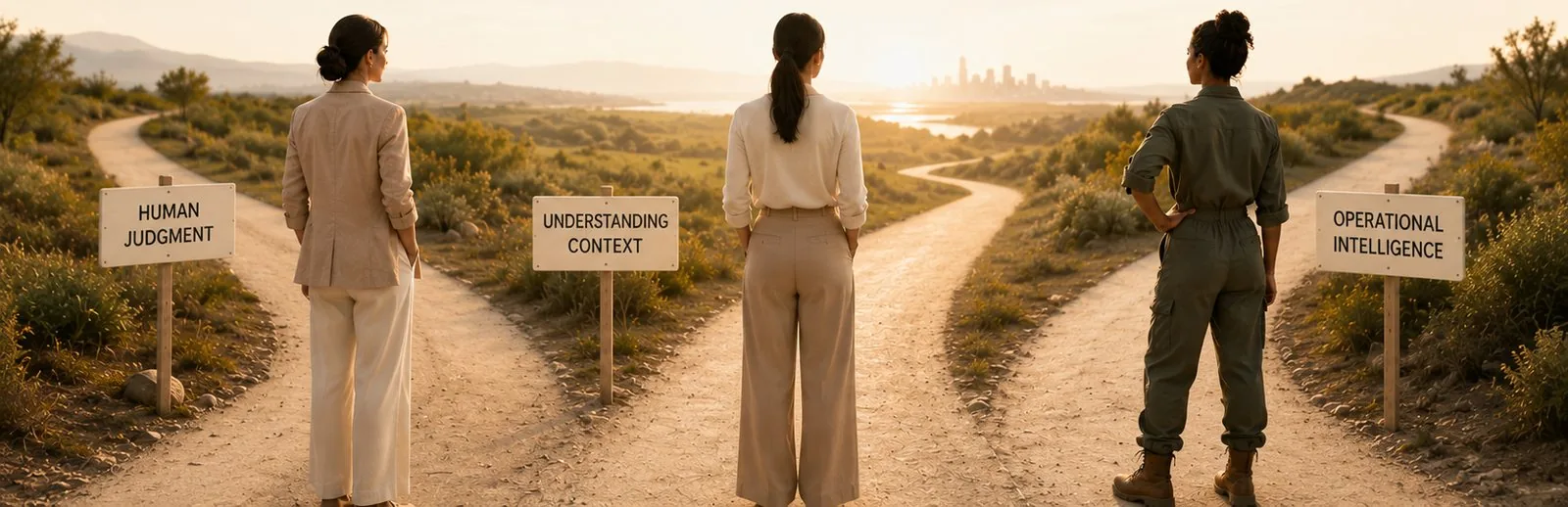 Three women seen from behind at a crossroads at sunset, beside signs reading Human Judgment, Understanding Context, and Operational Intelligence.